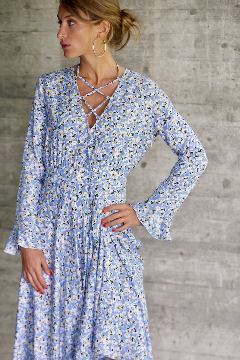 Robe Thaïs fleurie bleue