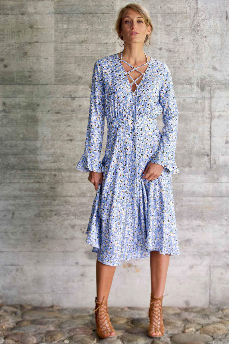 Robe Thaïs fleurie bleue